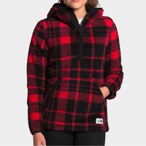 The North Face Campshire Hoodie Red & Black Buffalo Plaid Fleece Jacket Med EUC